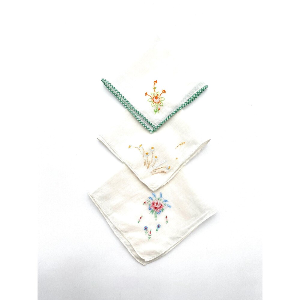 Vtg Floral Square Handkerchief 1940s-1960s, 14" Hankies, 3 for 1